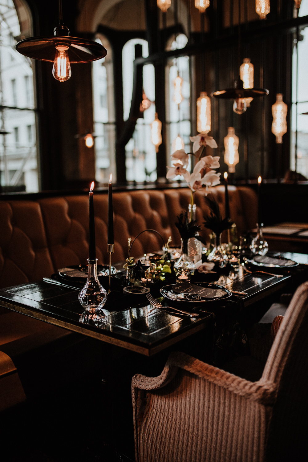 Place Setting Decor Plates Table Tablescape Feathers Candles Black Wedding Ideas Taylar-Jayde Photography