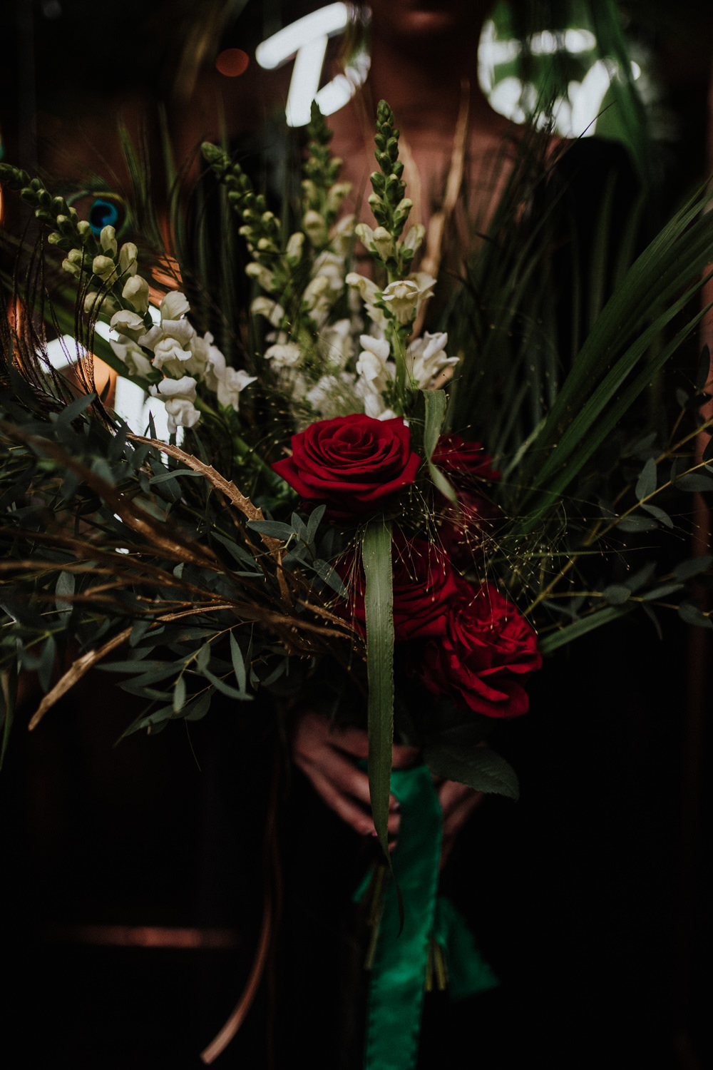 Bouquet Flowers Bride Bridal Greenery Foliage Red Rose Black Wedding Ideas Taylar-Jayde Photography