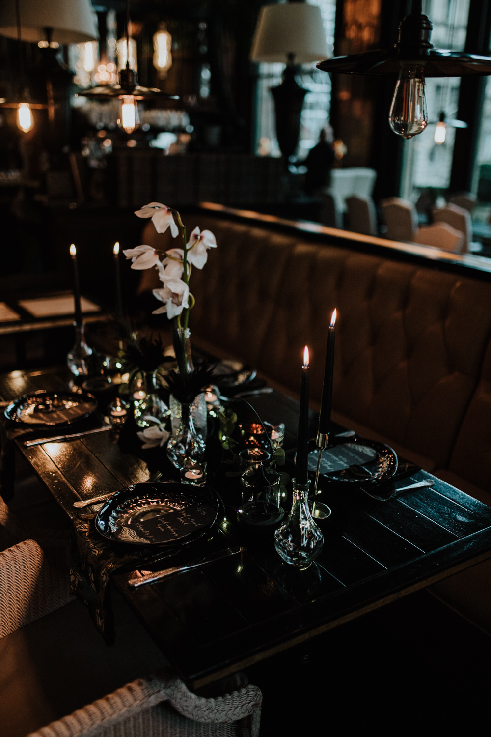 Place Setting Decor Plates Table Tablescape Feathers Candles Black Wedding Ideas Taylar-Jayde Photography