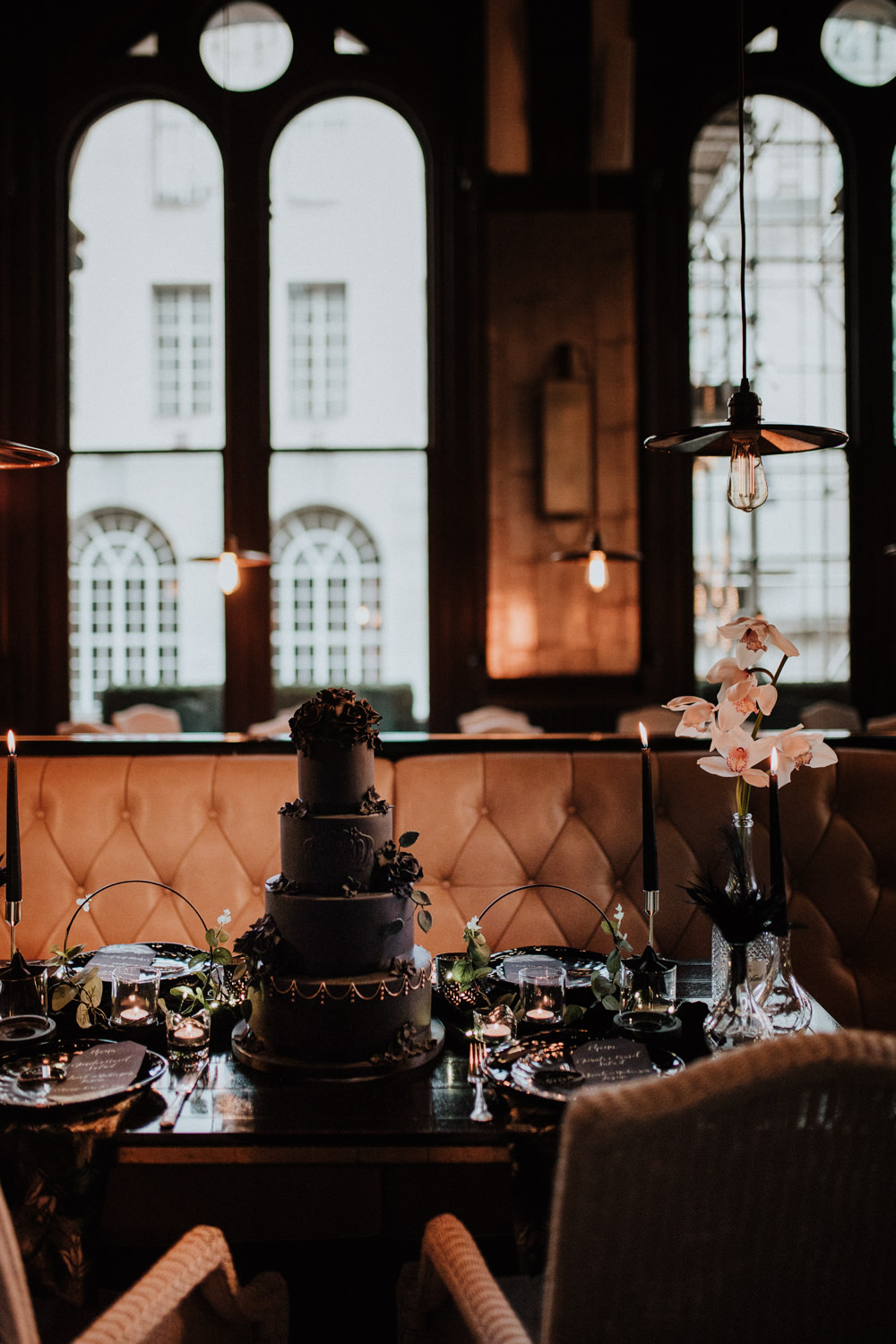 Place Setting Decor Plates Table Tablescape Feathers Candles Black Wedding Ideas Taylar-Jayde Photography