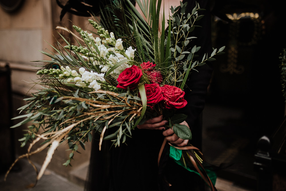 Bouquet Flowers Bride Bridal Greenery Foliage Red Rose Black Wedding Ideas Taylar-Jayde Photography