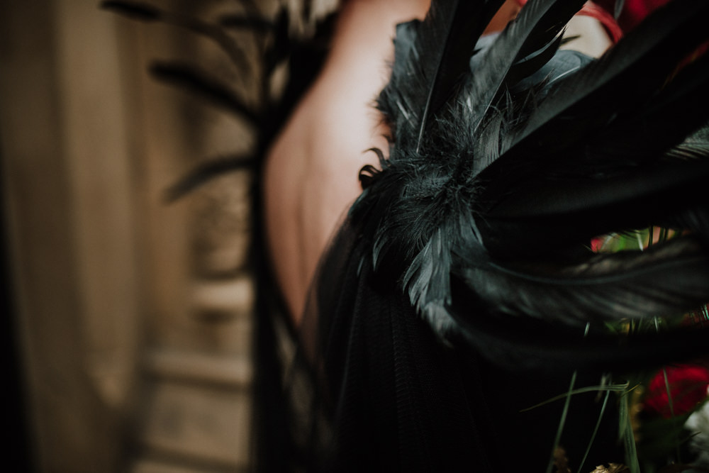 Dress Gown Bride Bridal Feather Cape Veil Black Wedding Ideas Taylar-Jayde Photography