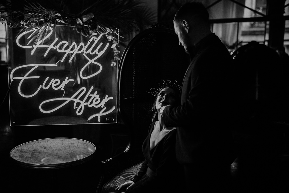 Neon Sign Backdrop Tropical Flowers Black Wedding Ideas Taylar-Jayde Photography