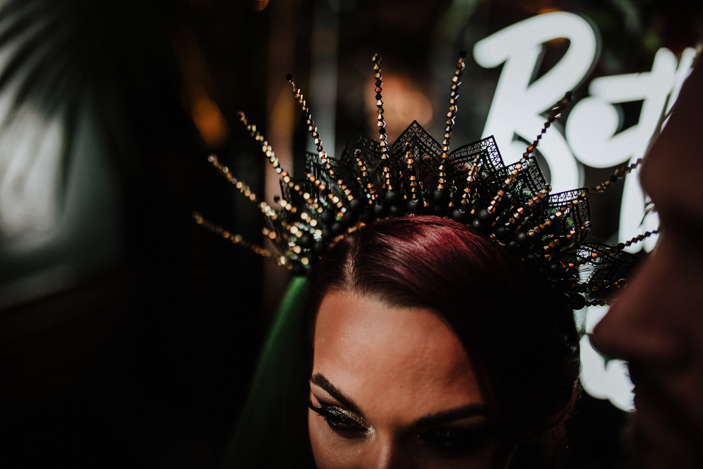 Bride Bridal Make Up Hair Headpiece Crown Tiara Starburst Veil Black Wedding Ideas Taylar-Jayde Photography