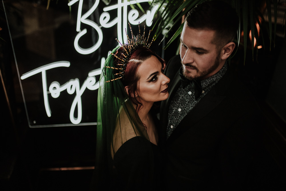 Neon Sign Backdrop Tropical Flowers Black Wedding Ideas Taylar-Jayde Photography