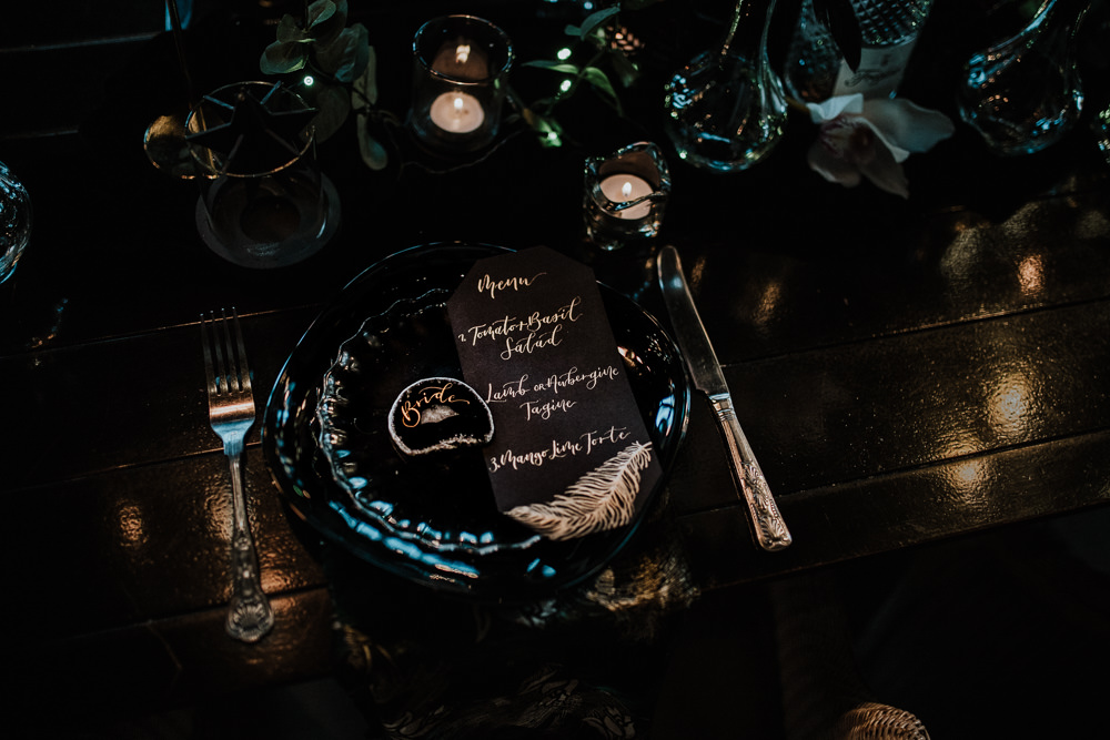 Agate Place Name Cards Gold Menu Black Wedding Ideas Taylar-Jayde Photography