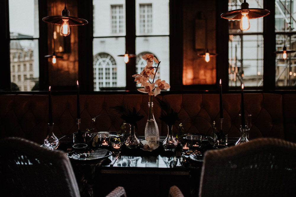 Place Setting Decor Plates Table Tablescape Feathers Candles Black Wedding Ideas Taylar-Jayde Photography