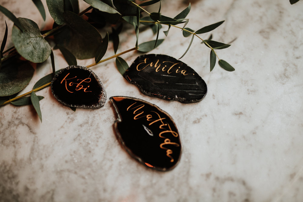 Agate Place Name Cards Gold Black Wedding Ideas Taylar-Jayde Photography