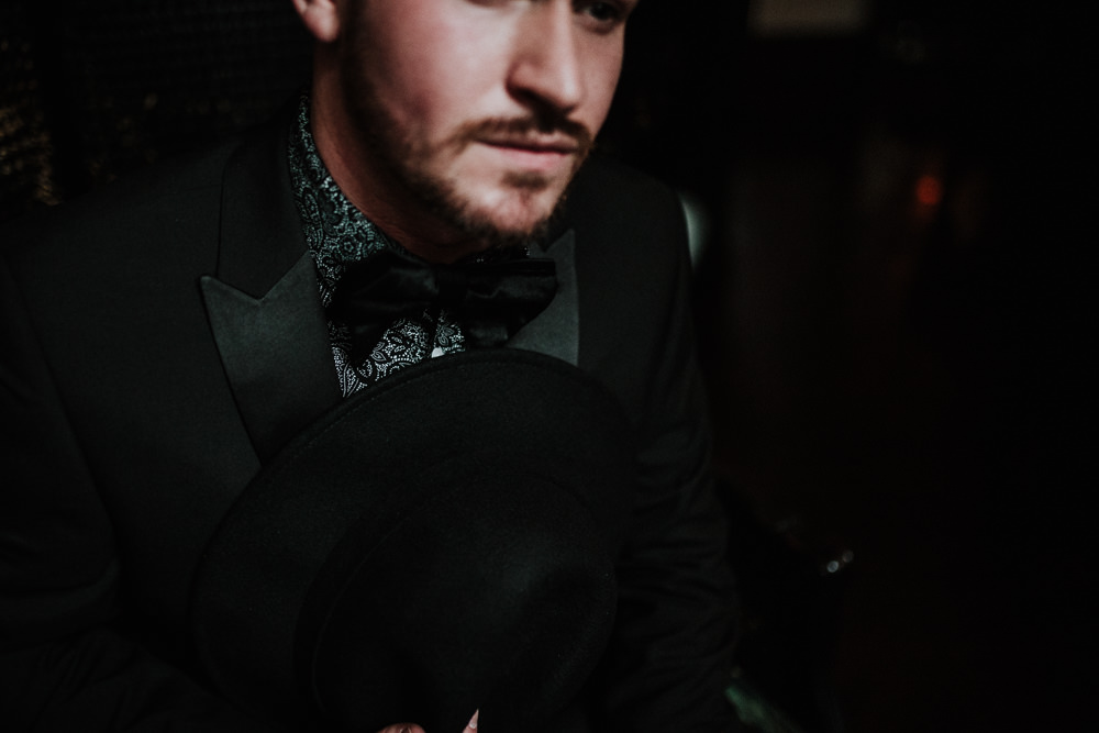 Groom Suit Bow Tie Print Shirt Black Wedding Ideas Taylar-Jayde Photography