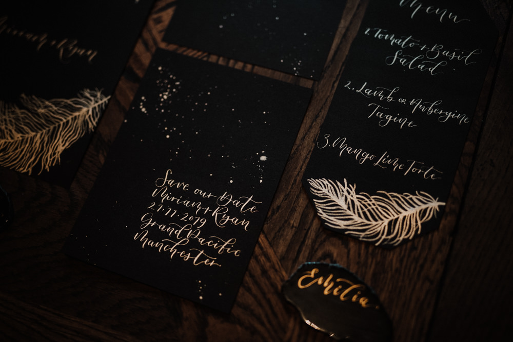 Stationery Invite Invitation Gold Feather Calligraphy Black Wedding Ideas Taylar-Jayde Photography