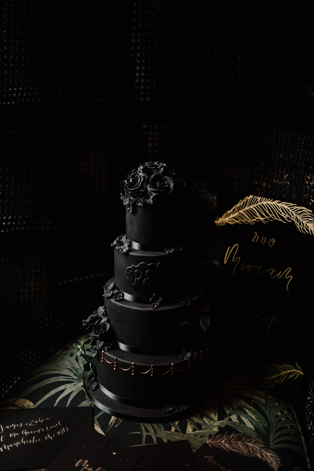 Floral Cake Copper Details Black Wedding Ideas Taylar-Jayde Photography
