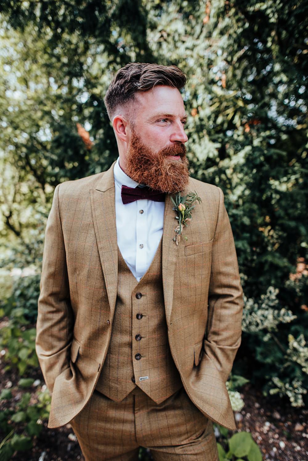 Groom Suit Brown Tan Tweed Bow Tie Buttonhole Boho Rustic Wedding This and That Photography
