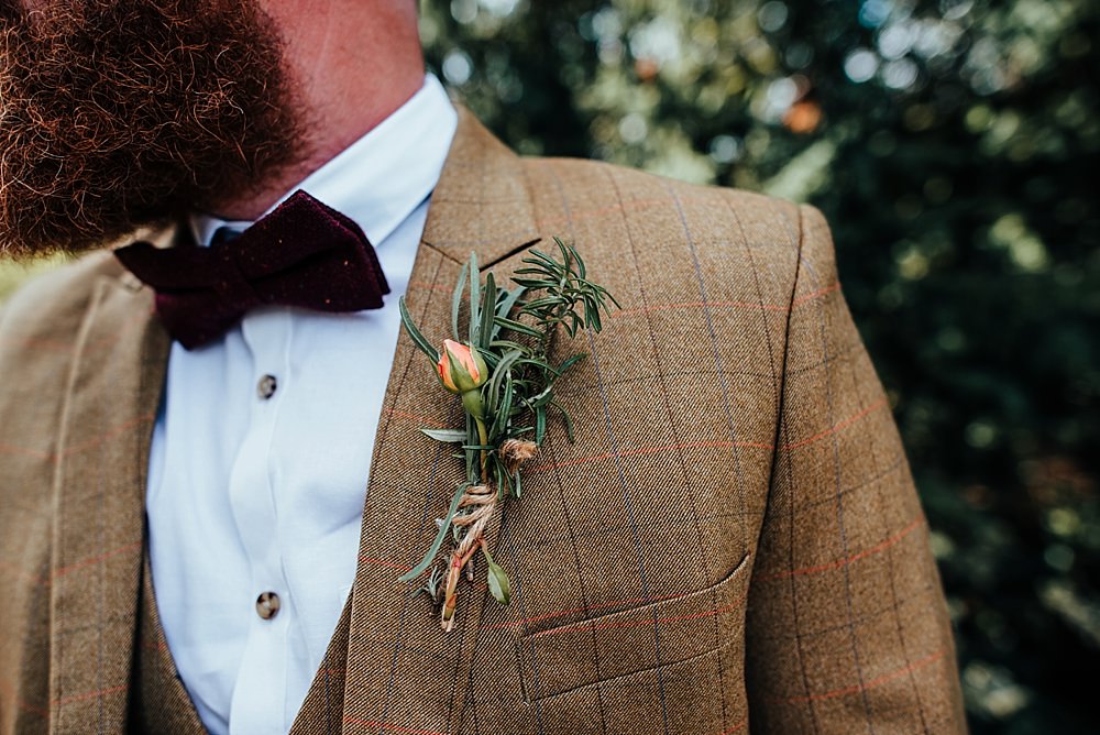Groom Suit Brown Tan Tweed Bow Tie Buttonhole Boho Rustic Wedding This and That Photography