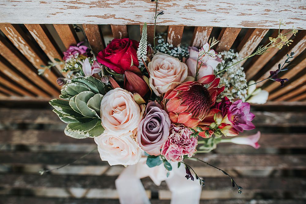 Bouquet Flowers Bride Bridal Pink Purple Rose Protea Succulent Boho Rustic Wedding This and That Photography