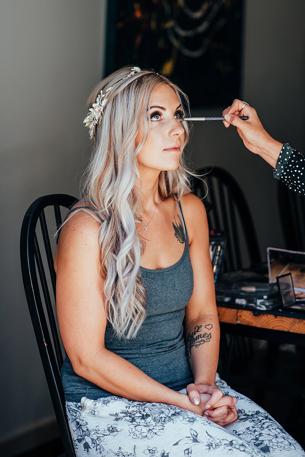 Bride Bridal Hair Make Up Long Waves Accessory Crown Boho Rustic Wedding This and That Photography