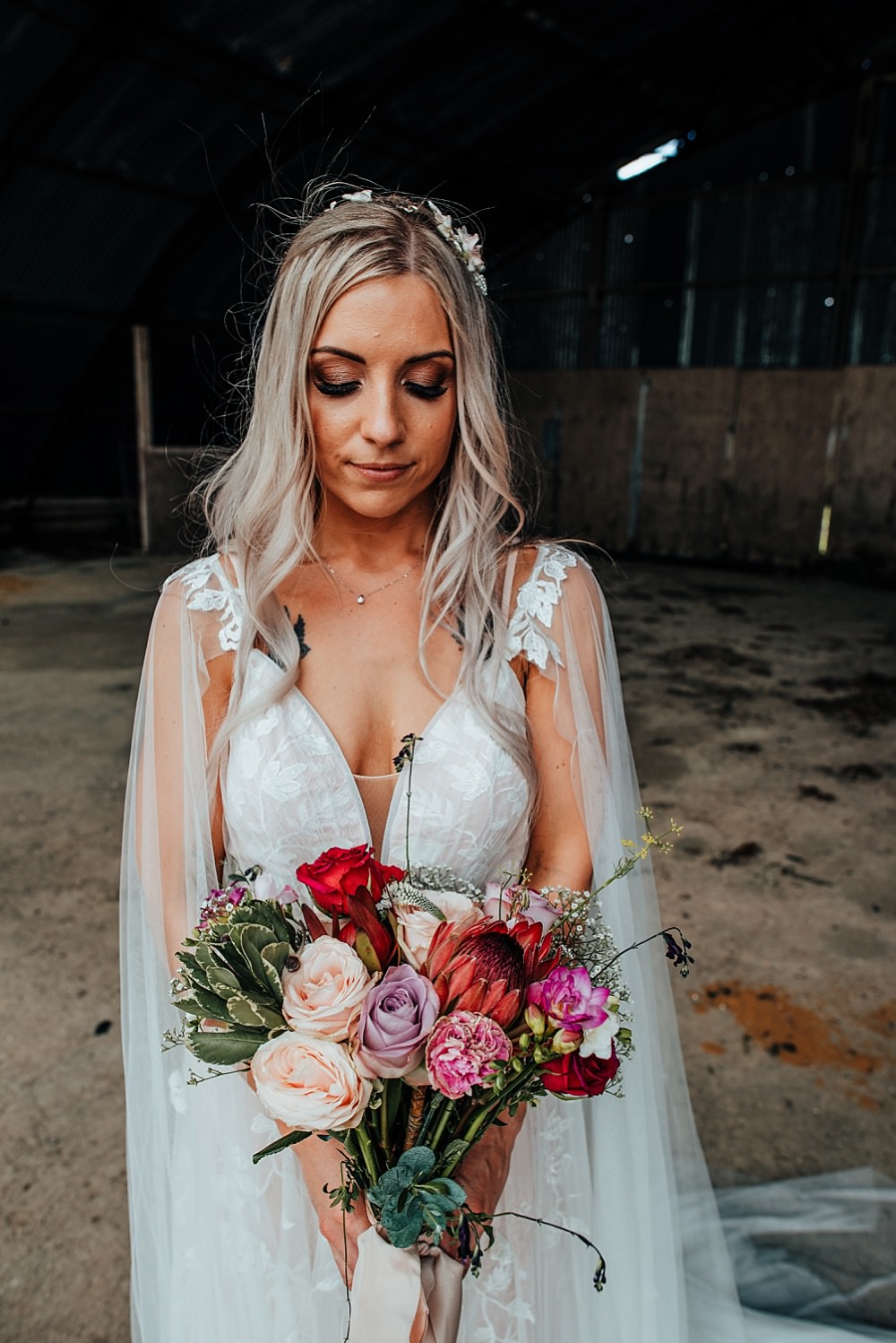 Bride Bridal Dress Gown Fox Bridal Nude Straps Train Cape Bouquet Flowers Bride Bridal Pink Purple Rose Protea Succulent Boho Rustic Wedding This and That Photography