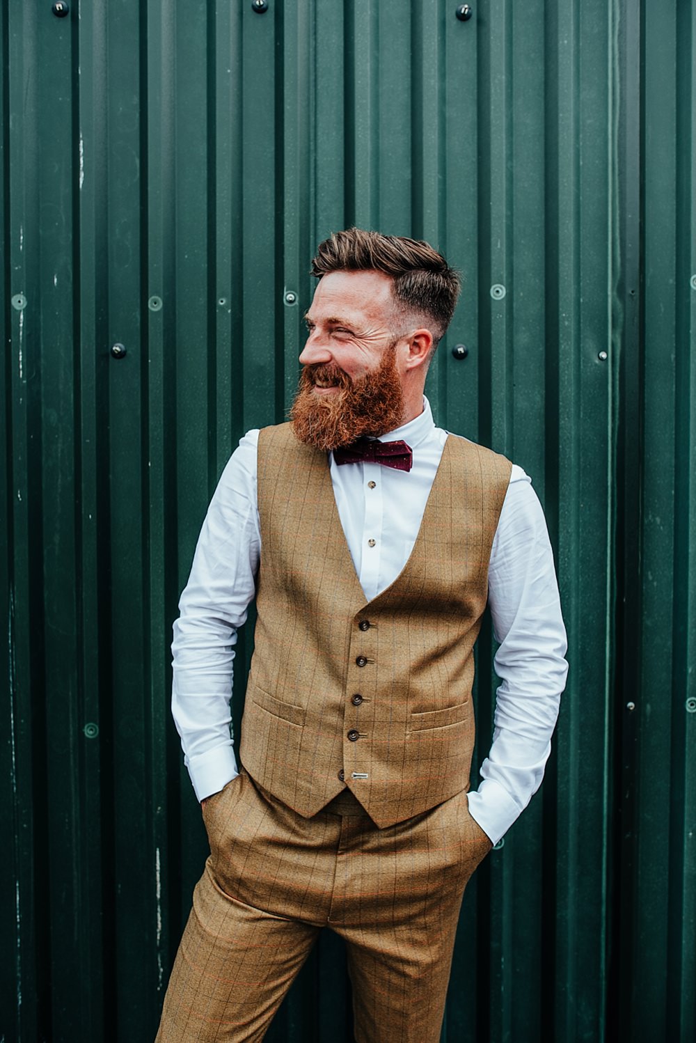 Groom Suit Brown Tan Tweed Bow Tie Buttonhole Boho Rustic Wedding This and That Photography
