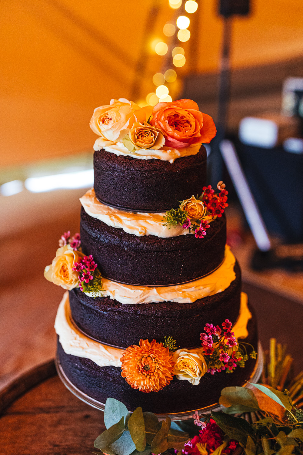 Naked Cake Chocolate Flowers Sponge Layer Brook Farm Wedding Kirsty Mackenzie Photography