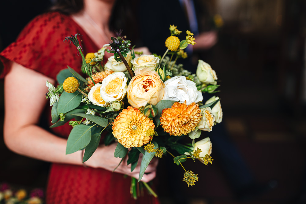 Bouquet Flowers Bridesmaid Yellow Dahlia Rose Billy Ball Brook Farm Wedding Kirsty Mackenzie Photography
