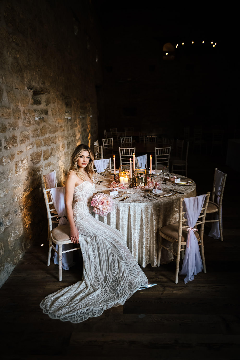 Dress Gown Bride Bridal Straps Train Lace Flower Arrangement Tall Centrepiece Pink Pretty Candles Decor Cherry Blossom Wedding Ideas Sugarbird Photography