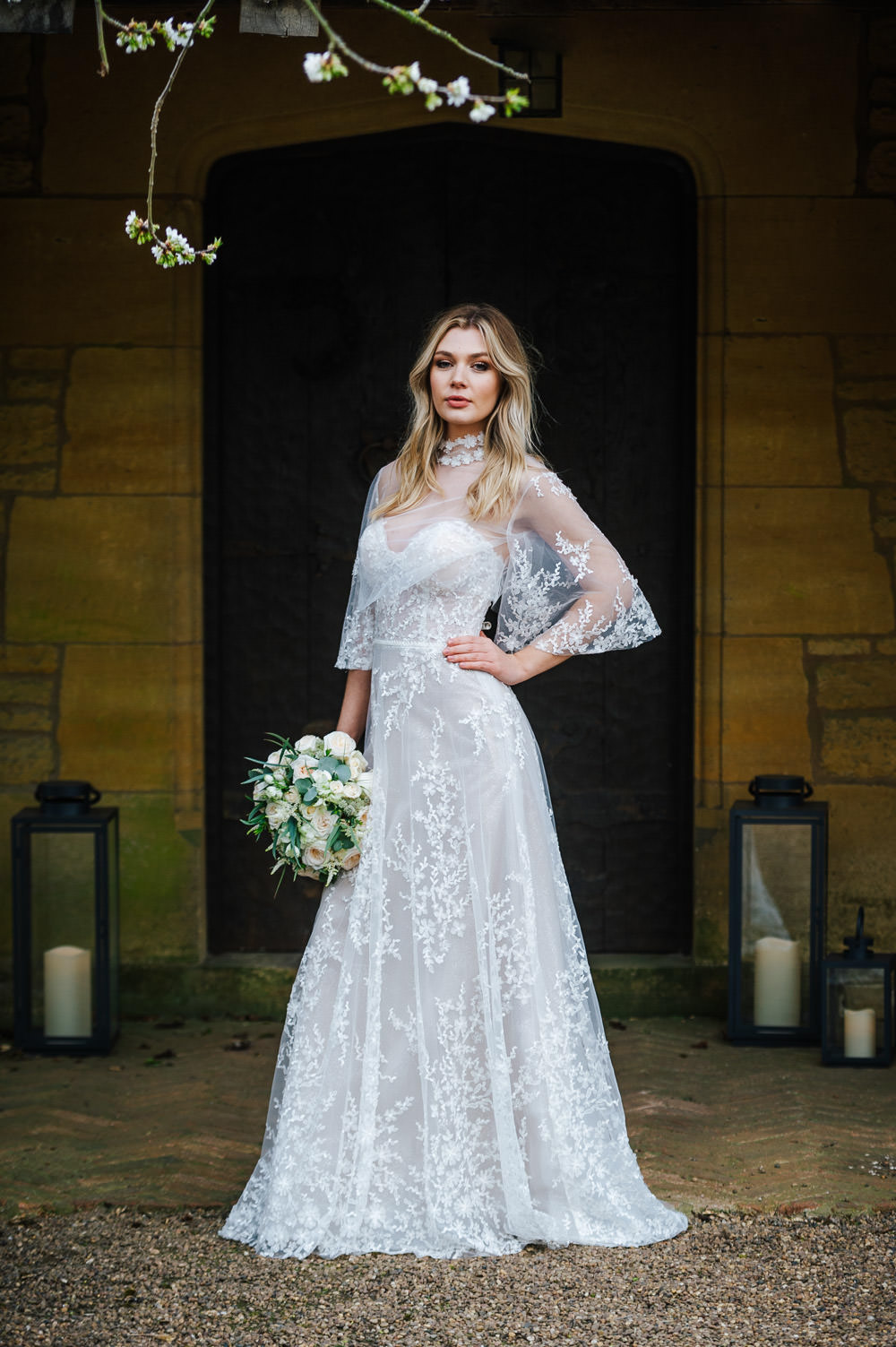 Dress Gown Bride Bridal Straps Train Lace Cape Cherry Blossom Wedding Ideas Sugarbird Photography
