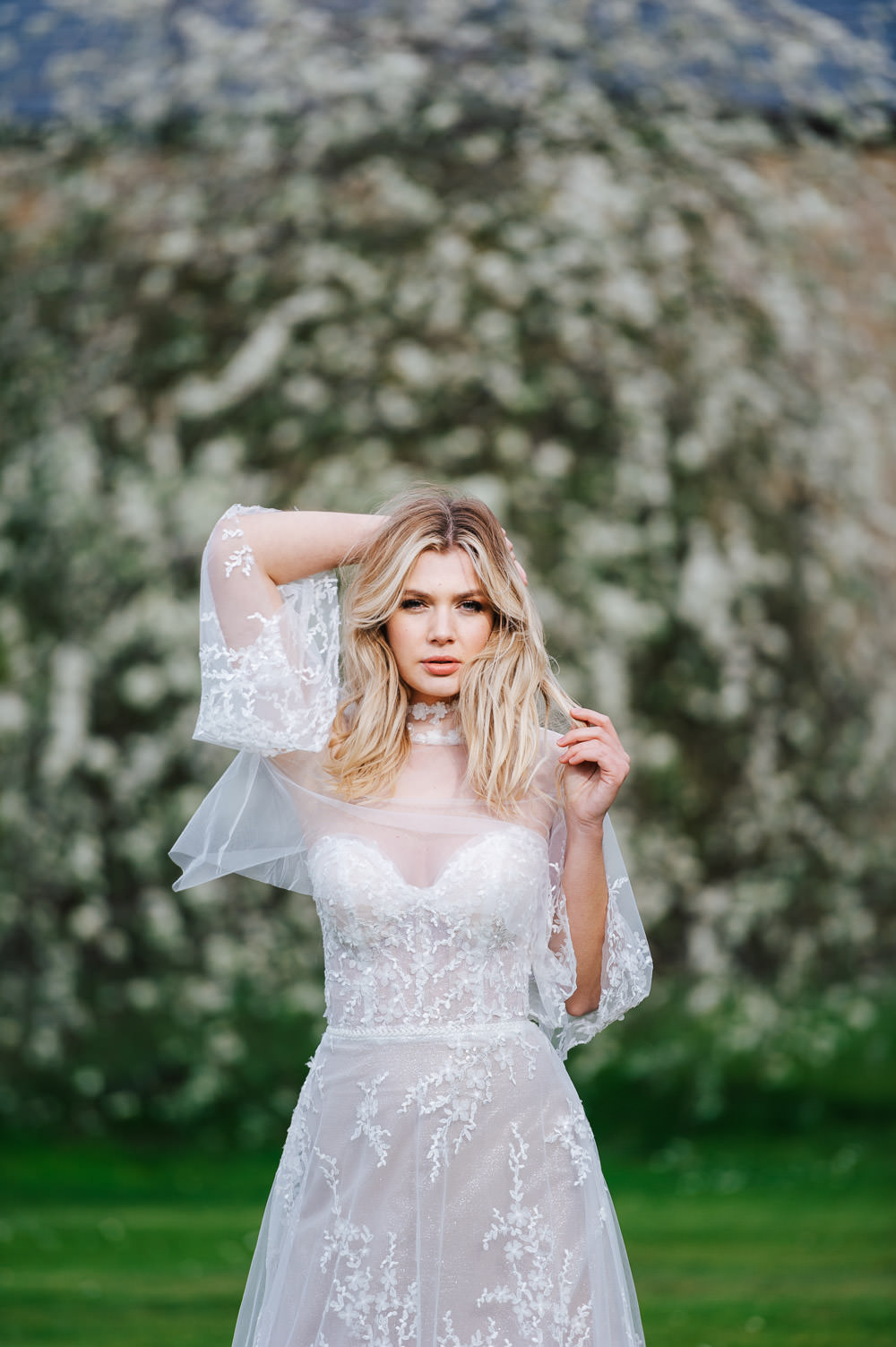 Dress Gown Bride Bridal Straps Train Lace Cape Cherry Blossom Wedding Ideas Sugarbird Photography