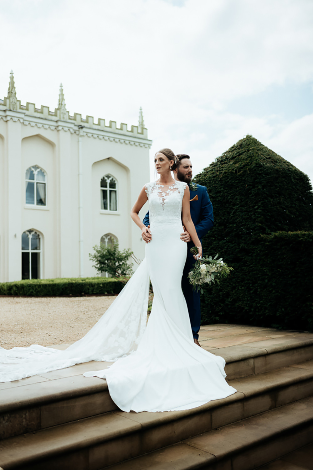 Dress Gown Bride Bridal Pronovias Drail Train Lace Cape Combermere Abbey Wedding Damian Brandon Photography