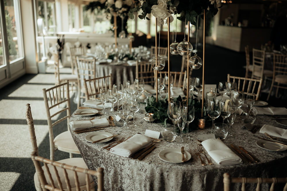 Table Tablescape Round Decor Decorations Tall Centrepiece Flowers Hanging Tea Lights Combermere Abbey Wedding Damian Brandon Photography