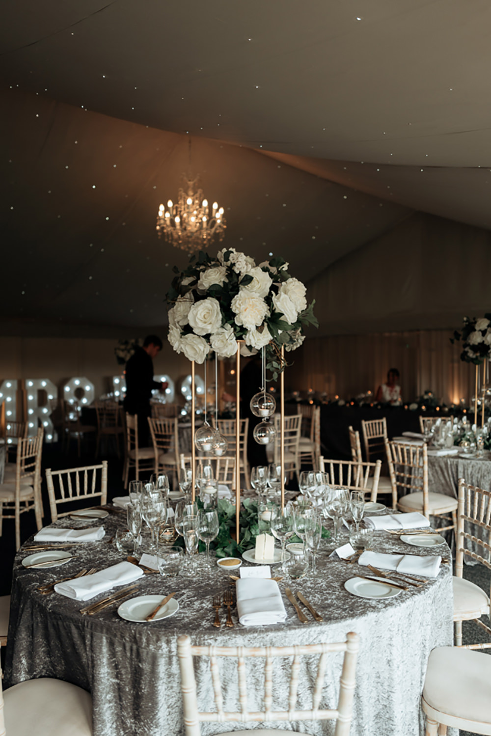 Table Tablescape Round Decor Decorations Tall Centrepiece Flowers Hanging Tea Lights Combermere Abbey Wedding Damian Brandon Photography