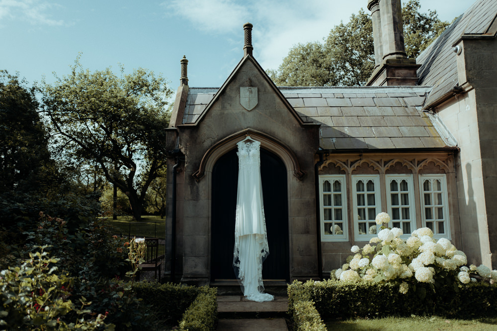 Dress Gown Bride Bridal Pronovias Drail Train Lace Cape Combermere Abbey Wedding Damian Brandon Photography