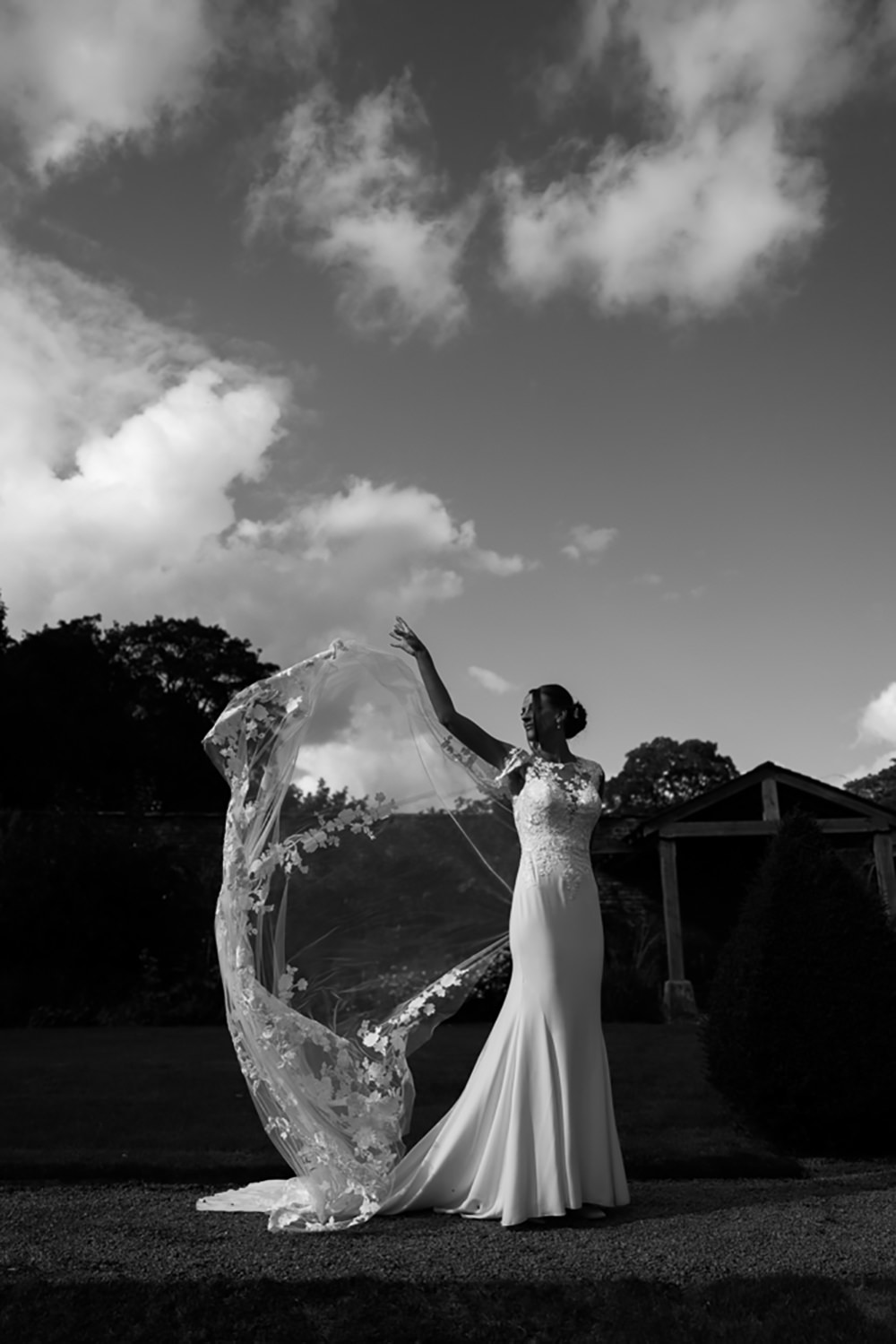 Dress Gown Bride Bridal Pronovias Drail Train Lace Cape Combermere Abbey Wedding Damian Brandon Photography