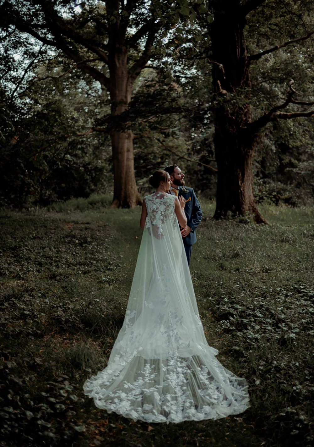 Dress Gown Bride Bridal Pronovias Drail Train Lace Cape Combermere Abbey Wedding Damian Brandon Photography