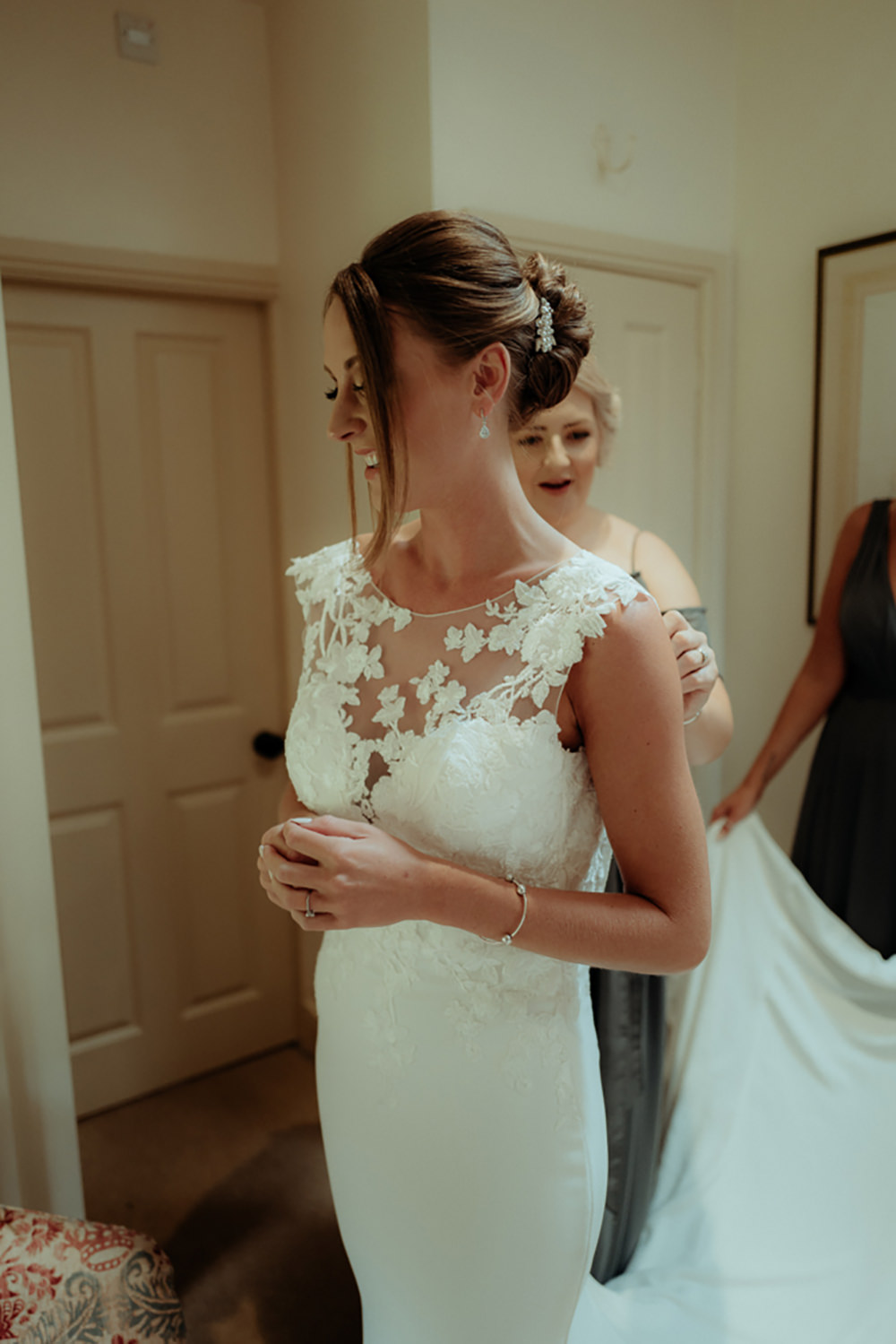 Dress Gown Bride Bridal Pronovias Drail Train Lace Cape Combermere Abbey Wedding Damian Brandon Photography