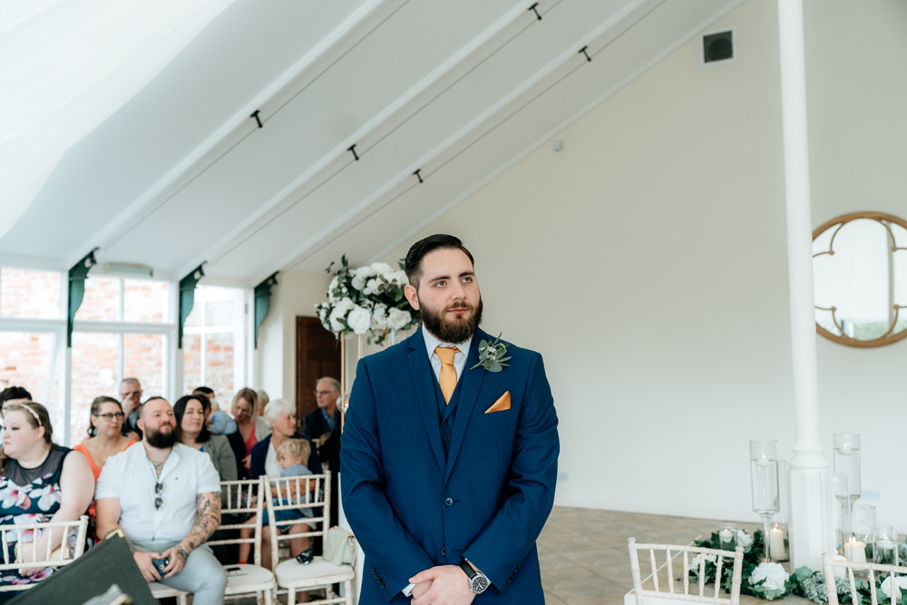Groom Suit Navy Mustard Yellow Tie Pocket Square Combermere Abbey Wedding Damian Brandon Photography