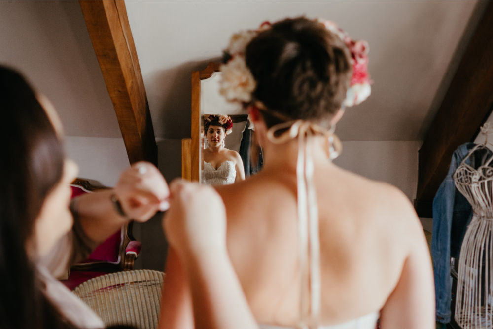 Bride Bridal Hair Make Up Dress Gown Strapless Lace Flower Crown Literary Wedding Naomi Jane Photography
