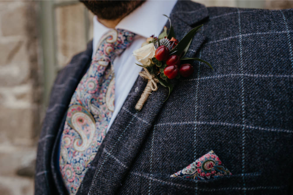 Groom Groomsmen Suit Check Paisley Tie Buttonhole Literary Wedding Naomi Jane Photography