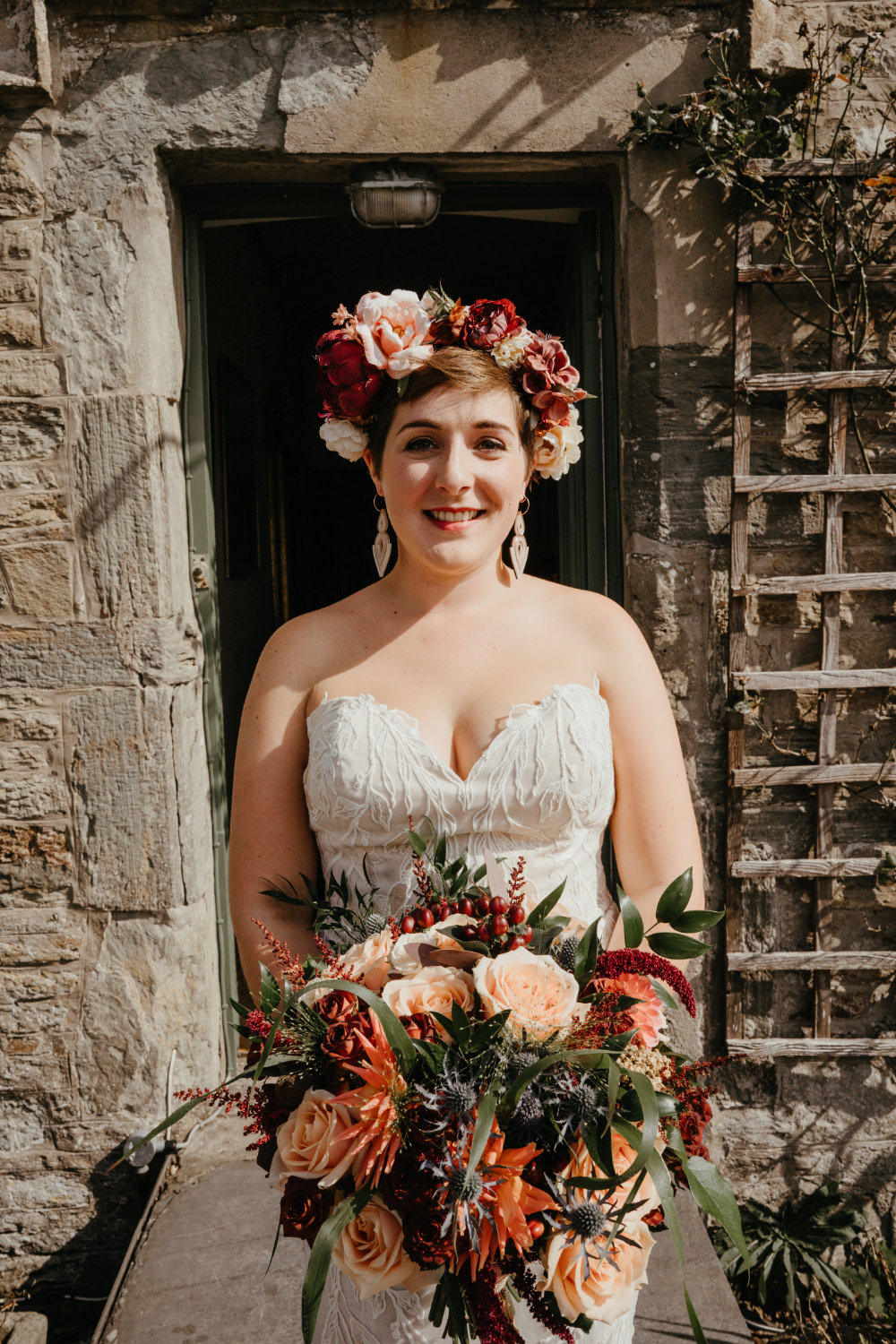 Bride Bridal Hair Make Up Dress Gown Strapless Lace Flower Crown Bouquet Literary Wedding Naomi Jane Photography