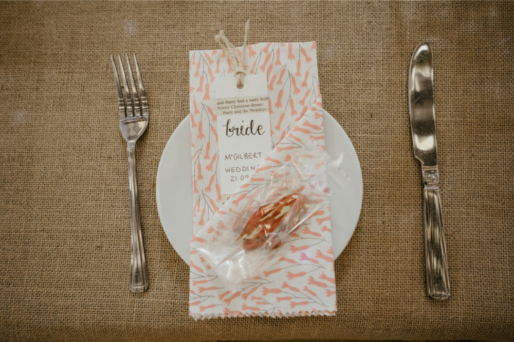 Place Setting Place Name Luggage Tag Napkin Favour Literary Wedding Naomi Jane Photography