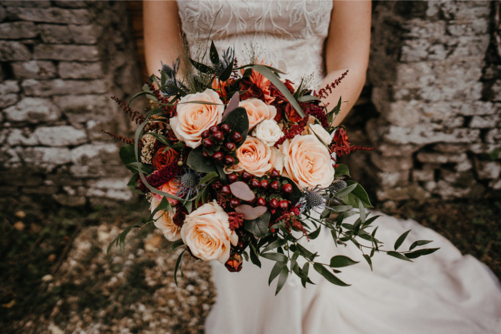 Bouquet Flowers Bride Bridal Bridesmaid Blush Rose Burgundy Amaranthus Thistle Literary Wedding Naomi Jane Photography