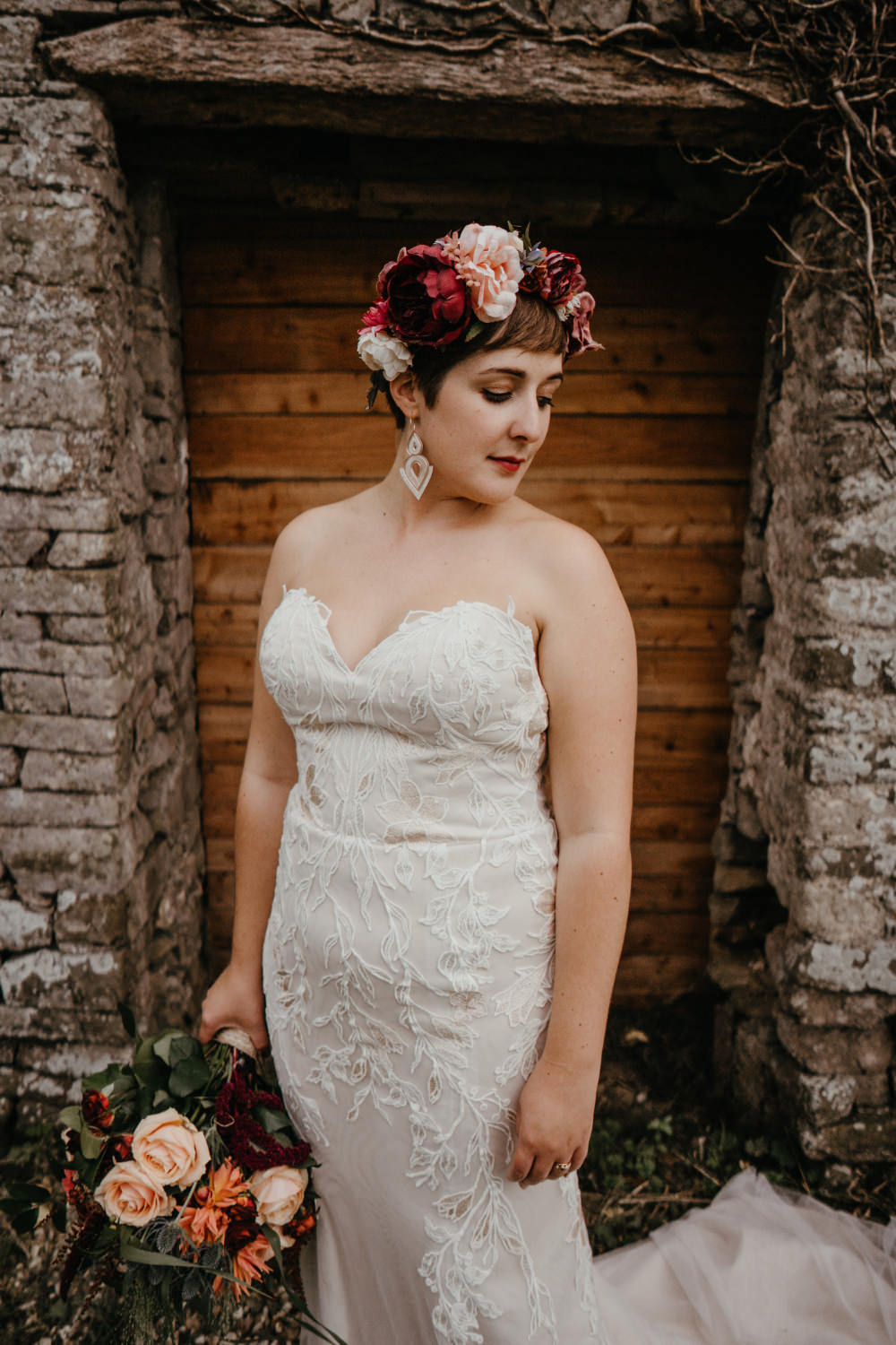 Bride Bridal Hair Make Up Dress Gown Strapless Lace Flower Crown Literary Wedding Naomi Jane Photography