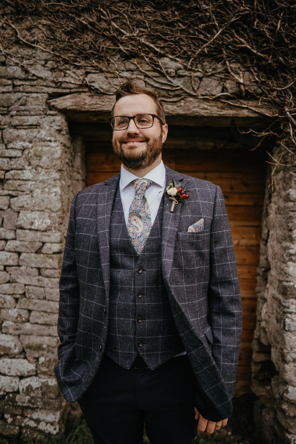 Groom Groomsmen Suit Check Paisley Tie Literary Wedding Naomi Jane Photography