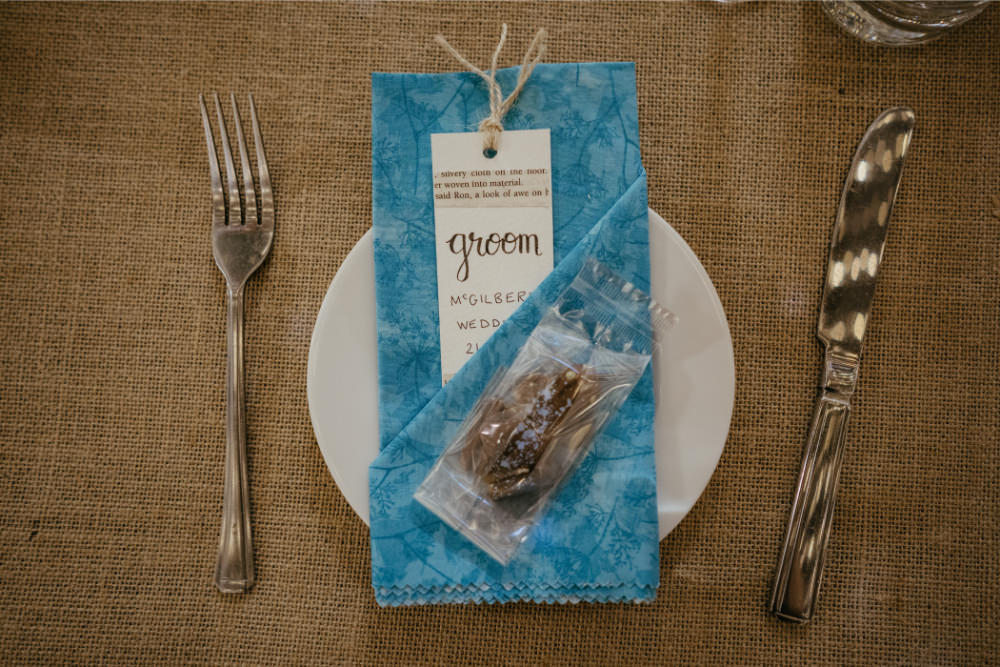 Place Setting Place Name Luggage Tag Napkin Favour Literary Wedding Naomi Jane Photography