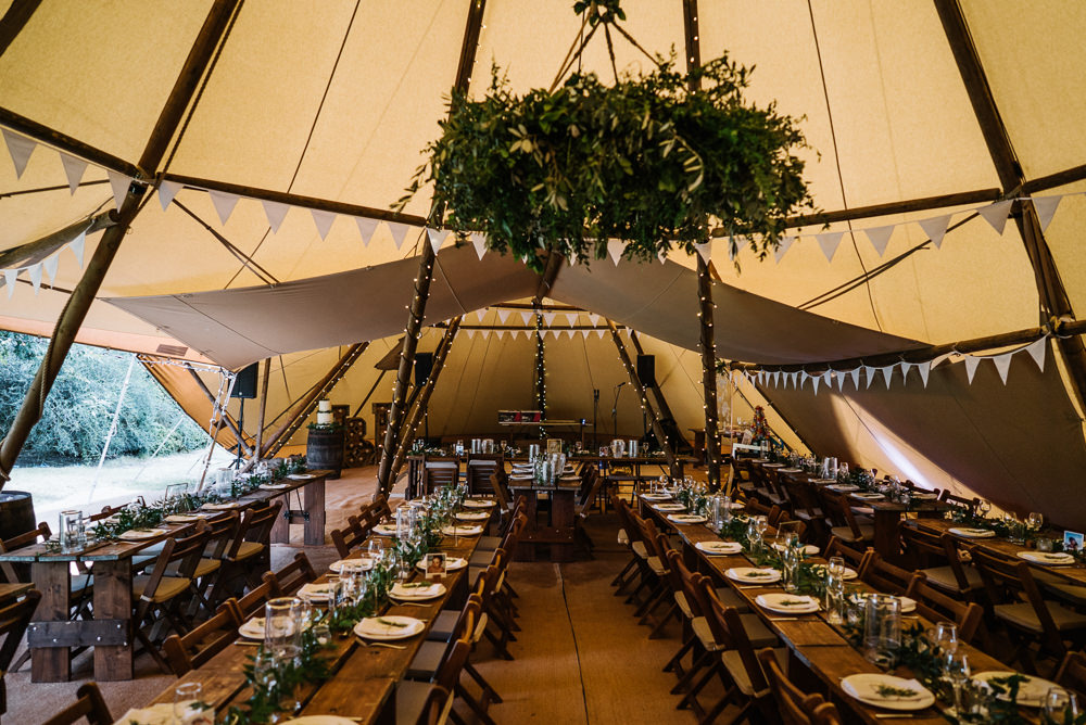 Tipi Long Tables Decor Greenery Foliage Hoop Bunting Lodge Farm Wedding David Boynton Wedding Photography