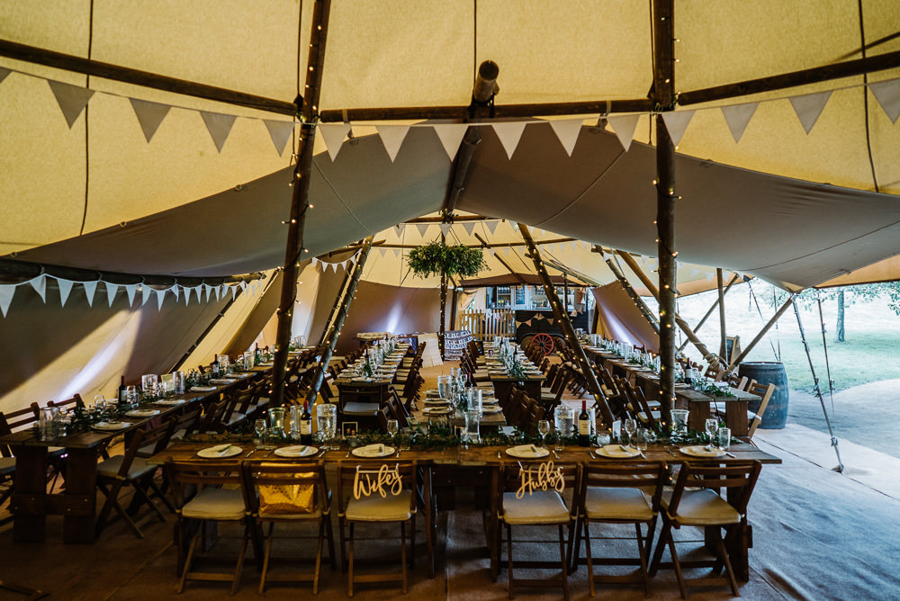 Tipi Long Tables Decor Greenery Foliage Hoop Lodge Farm Wedding David Boynton Wedding Photography