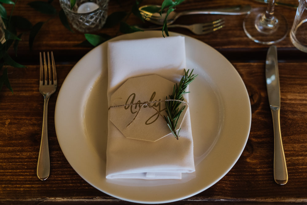 Place Setting Decor Rosemary Coaster Calligraphy Lodge Farm Wedding David Boynton Wedding Photography