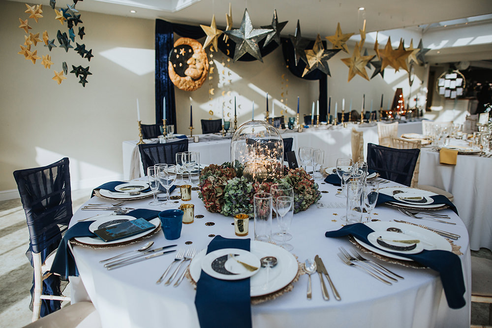 Tablescape Table Decor Hanging Suspended Blue Gold Moon Stars Wedding Ideas Olegs Samsonovs Photography