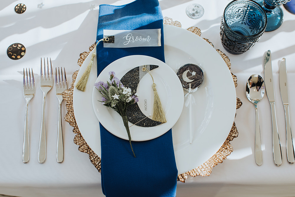 Place Setting Decor Menu Celestial Blue Gold Tassel Glassine Place Name Moon Stars Wedding Ideas Olegs Samsonovs Photography