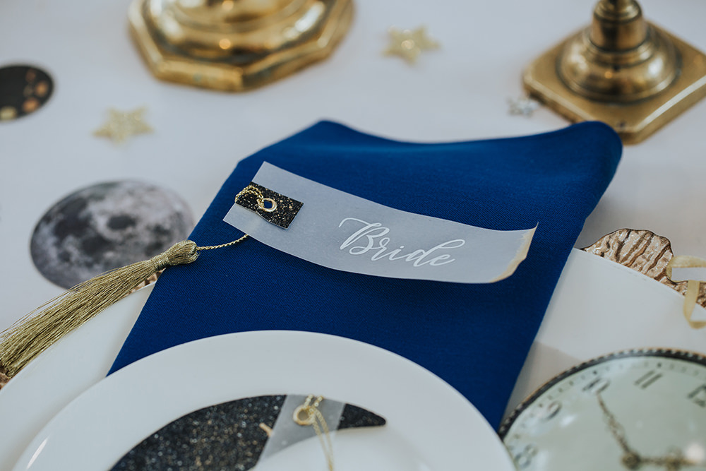 Place Setting Decor Menu Celestial Blue Gold Tassel Glassine Place Name Moon Stars Wedding Ideas Olegs Samsonovs Photography