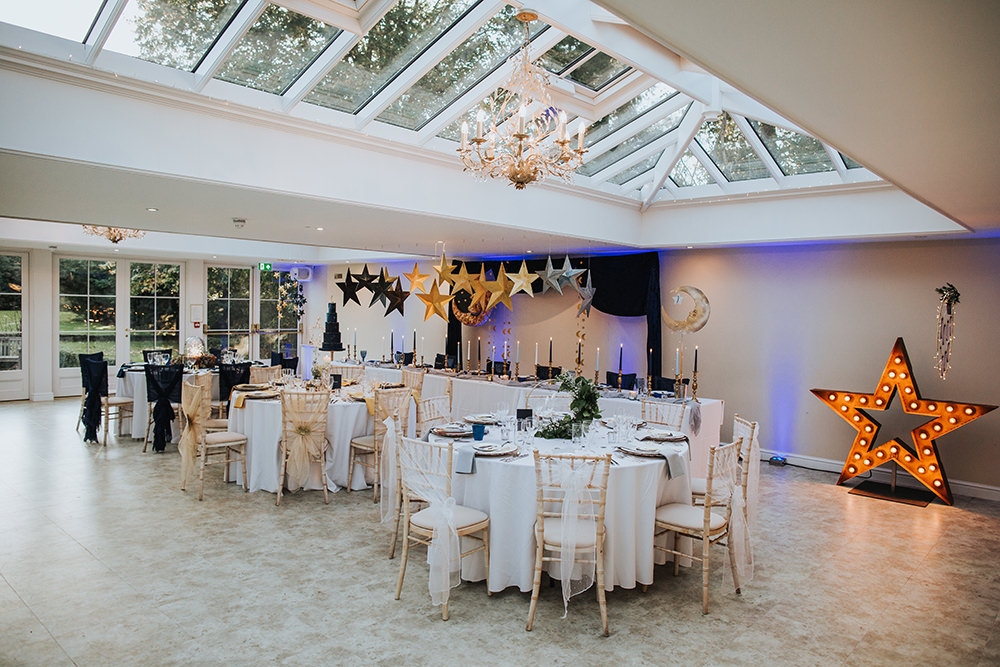 Tablescape Table Decor Hanging Suspended Blue Gold Moon Stars Wedding Ideas Olegs Samsonovs Photography
