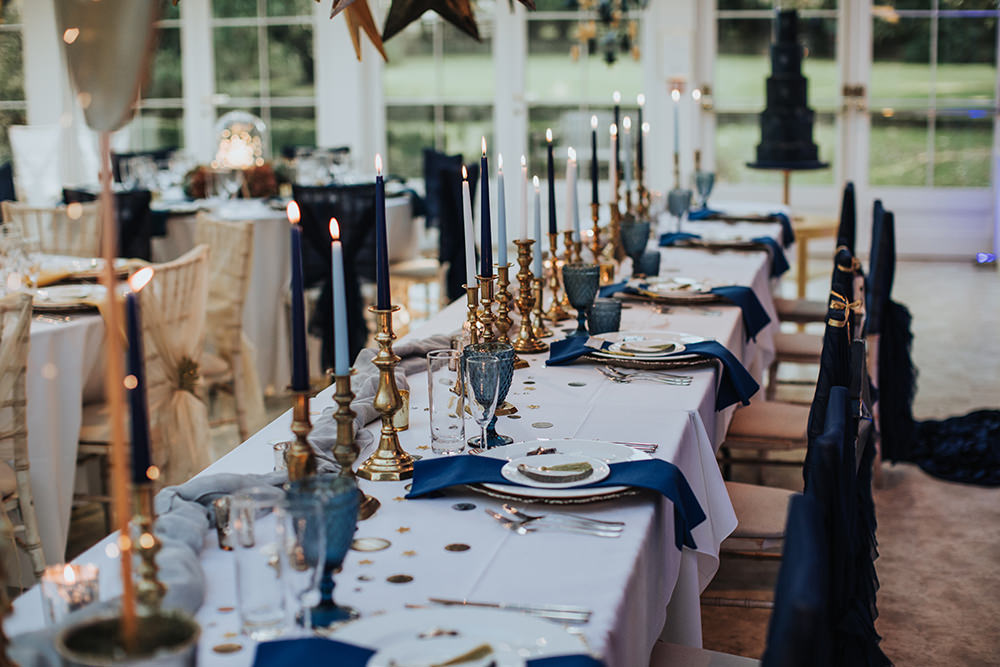 Tablescape Table Decor Hanging Suspended Blue Gold Candles Moon Stars Wedding Ideas Olegs Samsonovs Photography